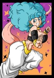 afro android_21_(cosplay) big_breasts blue_eyes blue_hair bracelet bulma_(afro) bulma_briefs dragon_ball dragon_ball_fighterz dragon_ball_super dragon_ball_z grin hoop_earrings midriff neck_ring superspacewarrior