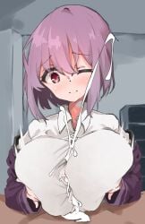 1boy 1girls blush clothed_female_nude_male cum cum_on_breasts cum_through_clothes cumshot engulfing_paizuri leaking_cum light_skin looking_at_penis one_eye_closed paizuri paizuri_under_clothes purple_eyes purple_hair room ruined_orgasm shinjou_akane shirt short_hair smile spy_artservice ssss.gridman titfuck titfuck_under_clothes