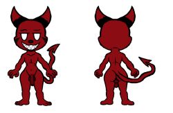 1boy demon demon_tail digital_drawing_(art_work) flaccid imp impy looking_at_viewer model_sheet nude okami23_(artist) penis rear_view red_body smile smiling solo solo_male white_background white_eyes