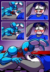 absurd_res anthro big_breasts blowjob blue_body bottomless breasts clothed clothing comic duo english_text eyewear fellatio female five_nights_at_freddy's five_nights_at_freddy's_2 genitals glasses grey_body hi_res lagomorph leporid machine male mammal nude oral penile penis protagon rabbit robot scottgames sex straight text toy_bonnie_(fnaf) video_games