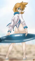 1girls ass blush breasts competition_swimsuit cowboy_shot curvy game_freak green_eyes grizzlydafurry gym_leader jacket kasumi_(pokemon) legs misty_(pokemon) nintendo one-piece_swimsuit open_mouth orange_hair pokemon pokemon_(game) pokemon_gsc pokemon_hgss smile solo standing swimsuit thighs thong thong_leotard white_swimsuit