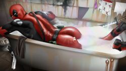 ass back bara bath bathroom bodysuit bubble_butt chichett clothing deadpool digital_media_(artwork) from_behind gay human katana looking_at_viewer looking_back male male_only marvel neon seductive simple_background thighs wade_wilson weapon wet wet_clothes yaoi