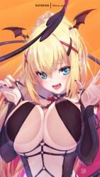 1girls against_glass artist_name bangs big_breasts black_choker black_nails blonde_hair blue_eyes breast_press breasts breasts_on_glass choker darkness_(konosuba) demon_tail demon_wings fake_tail fake_wings hair_between_eyes hair_ornament hands_up head_wings jewelry kono_subarashii_sekai_ni_shukufuku_wo! large_breasts long_hair long_sleeves looking_at_viewer mitsu_art oerba_yun_fang ring simple_background smile solo succubus succubus_tail tail tail_raised upper_body wings x_hair_ornament