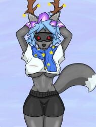 black_fur blue_hair blue_scarf crop_top furry goggles mask oc original_character red_eyes shift_bloxx shorts underboob wolf