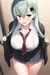 aqua_hair bikini bikini_under_clothes black_jacket blue_skirt blush breasts collarbone female green_eyes hair_ornament hairclip highres jacket kantai_collection large_breasts long_hair looking_at_viewer loose_necktie necktie open_clothes open_collar open_jacket open_mouth pleated_skirt red_necktie see-through see-through_shirt shirt sidelocks skirt solo standing suzuya_(kantai_collection) swimsuit ton_ton_tontoro white_shirt