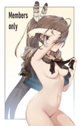 almost_naked bingsardina blush brown_hair cloak covering_face feather_in_hair hololive hololive_english hololive_english_-council- hololive_english_-promise- nanashi_mumei ponytail shy virtual_youtuber