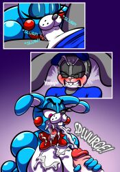 absurd_res anthro big_breasts blue_body bodily_fluids breasts clothed clothing comic cum cum_in_mouth cum_inside cum_on_breasts duo english_text fellatio female five_nights_at_freddy's five_nights_at_freddy's_2 genital_fluids genitals grey_body hi_res lagomorph leporid machine male male/female mammal nude oral penile penis protagon rabbit robot scottgames sex text toy_bonnie_(fnaf) video_games