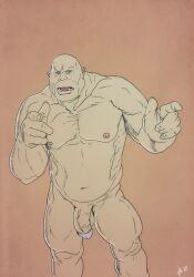 2020 bald balls biceps brown_eyes circumcised finger_gun flaccid genitals gesture hi_res humanoid humanoid_genitalia looking_aside looking_away male monstrous_humanoid musclegut muscular muscular_male navel nicolas_brunet nipples not_furry nude ogre open_mouth pecs penis pointing simple_background solo teeth vein veiny_penis