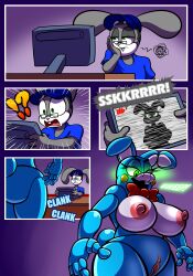 anthro big_breasts blue_body breasts clothed clothing comic duo english_text eyewear female five_nights_at_freddy's five_nights_at_freddy's_2 genitals glasses grey_body hi_res lagomorph large_breasts leporid machine male mammal nipples nude protagon pussy rabbit robot scottgames text toy_bonnie_(fnaf) video_games