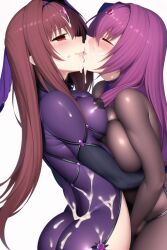 2girls ai_generated bodysuit breast_press breasts closed_eyes cum cum_in_mouth cum_kiss cum_on_body fate/grand_order fate_(series) hug hugging kissing nai_diffusion nipples nipples_visible_through_clothing purple_hair red_eyes red_hair scathach_(fate) scathach_skadi stable_diffusion yuri