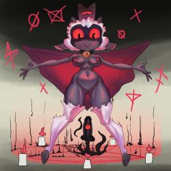 1girls anthro black_body candle cult_of_the_lamb dalay_man demon hooves horn lamb_(cult_of_the_lamb) pentacle red_crown_(cult_of_the_lamb) red_eyes solo solo_futa white_hair