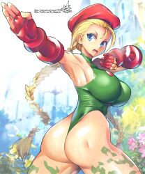 1girls alternate_version_available armpits armwear ass beret big_ass big_breasts blonde_hair blue_eyes braid breasts cammy_white capcom clothing dat_ass female female_only green_leotard hair headwear huge_ass huge_breasts leotard red_gloves solo solo_female street_fighter thick_thighs thighs umigarasu_(kitsune1963)