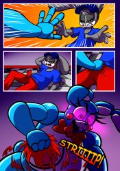 anthro big_breasts blue_body breasts clothed clothing comic duo english_text female five_nights_at_freddy's five_nights_at_freddy's_2 grey_body hi_res lagomorph leporid machine male mammal nipples nude protagon rabbit robot scottgames straight tenting text toy_bonnie_(fnaf) video_games