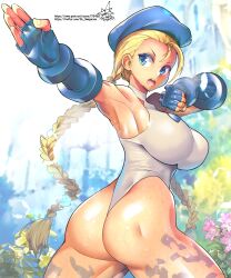 1girls alternate_costume alternate_version_available armpits armwear ass beret big_ass big_breasts blonde_hair blue_eyes blue_gloves braid breasts cammy_white capcom clothing dat_ass female female_only hair headwear huge_ass huge_breasts leotard solo solo_female street_fighter thick_thighs thighs umigarasu_(kitsune1963) white_leotard