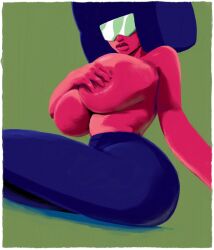 1girls afro ass big_ass big_breasts big_butt big_lips cartoon_network clothing covering_nipples female female_only garnet_(steven_universe) gem_(species) gem_fusion hand_on_breast holding_breast large_ass large_breasts leggings looking_at_viewer looking_down looking_down_at_viewer putricia red_body red_skin sitting solo solo_female steven_universe thick_lips topless visor