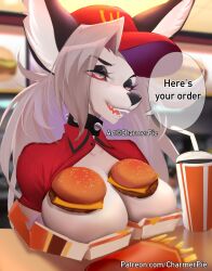 anthro big_breasts boob_burger breasts burger canine charmerpie food furry hamburger hellhound helluva_boss loona_(helluva_boss) mcdonald's open_mouth speech_bubble tagme vivienne_medrano your_order_is_ready_(meme)