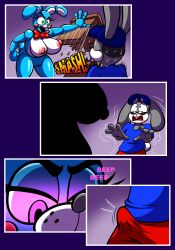 absurd_res anthro big_breasts blue_body breasts clothed clothing comic duo english_text female five_nights_at_freddy's five_nights_at_freddy's_2 grey_body hi_res lagomorph leporid machine male mammal nipples nude protagon rabbit robot scottgames tenting text toy_bonnie_(fnaf) video_games