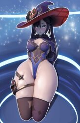 1girls 3d cameltoe female female_only genshin_impact leotard long_hair looking_at_viewer mona_(genshin_impact) pantyhose perfect_legs popogori skindentation solo tagme thick thick_thighs thighhighs thighs wide_hips witch_hat