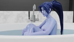 1girls 3d 3d_(artwork) bath bathroom blender blue_hair blue_skin breasts curled_up eye_contact looking_at_viewer loudrain naked naked_female nipples overwatch pinup shiny_skin solo solo_female solo_focus wet_body widowmaker