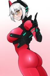 adorable big_ass big_breasts bodysuit bubble_ass bubble_butt cute cybernetics female_only jakepascoe looking_at_viewer red_bodysuit silver_hair solo virtual_youtuber vshojo yellow_eyes zentreya zentreya_(cyborg)