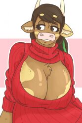 anthro big_breasts bovid bovine bow_in_hair breasts chest_tuft cleavage clothed clothing cow_ears cow_horns female fur furgonomics furry furry_only molly_(slightlysimian) pink_nose red_clothing simple_background slightlysimian solo sweater