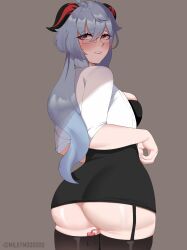 ahoge alternate_costume ass ass_focus back bangs blue_hair blush breasts female ganyu_(genshin_impact) garter_straps genshin_impact glasses goat_horns highres horns huge_ass long_hair looking_at_viewer low_ponytail medium_breasts microskirt milkymoooooo office_lady purple_eyes secretary sex_toy shirt sidelocks skirt solo thick_thighs thighhighs thighs vibrator vibrator_in_thighhighs white_shirt