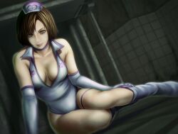 alternate_costume boots brown_hair choker cleavage eileen_galvin elbow_gloves female female_only gloves green_eyes leotard looking_at_viewer medium_breasts nurse_cap nurse_uniform official_alternate_costume short_hair silent_hill silent_hill_4 sitting solo thigh_strap