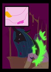 alicorn arthropod bodily_fluids changeling chubbyjam colored_fire disguise disgust duo equid equine female female/female feral fire friendship_is_magic green_fire hasbro hi_res horn magic mammal micro my_little_pony organs plot_twist princess_cadance_(mlp) queen_chrysalis_(mlp) stomach stomach_acid swallowing tongue tongue_out transformation vore wings