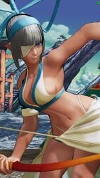 1girls 3d archery armpits big_breasts bikini blue_eyes breasts busty cleavage dark-skinned_female eyepatch female female_only hair_ribbon hi_res large_breasts leaning_forward legs looking_at_viewer majikina_mina navel ponytail ribbon samurai_shodown sarong sideboob snk solo swimsuit thighs thong_bikini