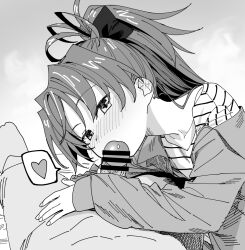 1boy bar_censor blush censored collarbone ear_blush fellatio female greyscale heart ikezawa_shin jacket long_hair long_sleeves looking_at_viewer mahou_shoujo_madoka_magica monochrome oral penis penis_awe ponytail pov sakura_kyouko shirt spoken_heart straight striped striped_shirt