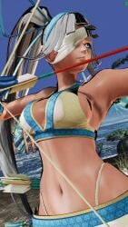 1girls 3d archery armpits arrow_(projectile) big_breasts bikini blue_eyes breasts busty cleavage dark-skinned_female eyepatch female female_only grey_hair hair_ribbon highres large_breasts looking_at_viewer majikina_mina navel ponytail ribbon samurai_shodown sarong snk swimsuit thong_bikini