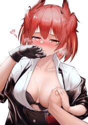 absurdres animal_ears arknights bangs bird_ears bird_girl black_bra black_gloves black_jacket blush bra bra_pull breast_grab breasts clothes_pull cloverse6 collared_shirt commentary english_commentary female fiammetta_(arknights) gloves grabbing guided_breast_grab guiding_hand hair_between_eyes heart heavy_breathing highres jacket medium_breasts open_clothes open_jacket open_shirt parted_lips pov red_eyes red_hair shirt simple_background single_glove spoken_heart sweat underwear white_background white_shirt