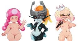 3girls absurd_res animal_humanoid big_areola big_nipples blush breast_size_difference breasts cephalopod cephalopod_humanoid chubby chubby_female company_connection completely_nude crossover crown female female_only flat_chest flat_chested genitals group hi_res humanoid imp imp_midna inkling inverted_nipples looking_at_viewer marine marine_humanoid mario_(series) microphone midna mollusk mollusk_humanoid multiple_girls navel nintendo nipples nude omega_haunter overweight_female pearl_(splatoon) plump portrait pseudo_hair pubes pubic_hair pussy short_stack shortstack simple_background slightly_chubby small_breasts smile splatoon tentacle tentacle_hair the_legend_of_zelda thighs three-quarter_portrait toadette twilight_princess video_games white_background young young_female