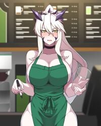 1girls artoria_pendragon artoria_pendragon_(lancer) artoria_pendragon_(lancer_alter) barista black_choker cafe fate/grand_order fate_(series) green_apron hyperbudd iced_latte_with_breast_milk meme