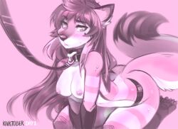 anthro blush breasts canid canine collar digital_media_(artwork) female fur hair kneeling leash leash_and_collar leashed_female looking_at_viewer mammal nipples nude open_mouth pawziclawzi shiva_cheshire simple_background solo solo_focus submissive