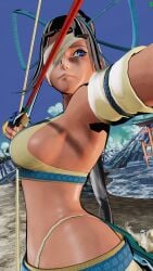 1girls 3d archery armpits arrow_(projectile) big_breasts bikini blue_eyes breasts busty dark-skinned_female eyepatch female female_only from_side grey_hair hair_ribbon hi_res large_breasts legs looking_at_viewer majikina_mina ponytail ribbon samurai_shodown sarong sideboob sidelocks snk swimsuit thighs thong_bikini