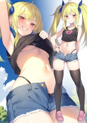 1girls alexmaster armpits ass_visible_through_thighs bikini bikini_under_clothes black_bikini blush breasts denim_shorts female heart light-skinned_female light_skin looking_at_viewer midriff original original_character shorts small_breasts smile smug tank_top twintails underboob