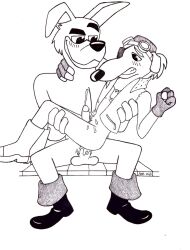 2021 anthro arata_(artist) black_and_white bodily_fluids canid canine canis clenched_teeth cum cum_inside disney disney_channel disney_xd domestic_dog don_karnage ducktales ducktales_(2017) duo ejaculation gay genital_fluids line_art male male/male male_only mammal monochrome penis signature sitting smile talespin teeth testicles traditional_media_(artwork) ugly_mug wolf yaoi