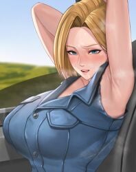 1girls alternate_breast_size android_18 armpit armpit_crease armpit_fetish armpits arms_above_head arms_up big_breasts blonde_hair blue_eyes blush blushing_at_viewer breasts car dragon_ball dragon_ball_z eye_contact eyelashes female large_breasts licking_lips lim lips looking_at_viewer mature_female open_mouth presenting_armpit presenting_armpits seductive showing_armpits sleeveless sleeveless_shirt steam steaming_body sweat sweatdrop sweating sweaty_armpits tongue_out