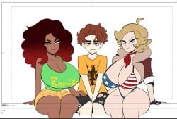 1boy 2girls american_flag_bikini ara_ara big_ass big_breasts brazil_(yuric_inc) country_inc_(yuric_inc) femdom germany_(yuric_inc) hand_on_leg hands_between_legs hollowah larger_female size_difference smaller_male usa_(yuric_inc) yellow_eyes yuric_inc