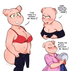 1boy1girl 2022 anthro bra breasts buster_moon cleavage female female_focus green_eyes illumination_entertainment lewdshock male pig pink_skin rosita_(sing) sing_(movie) thick_thighs thighs