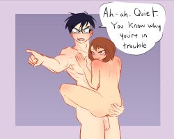 1boy 1girls balls blushing casual_nudity casual_sex completely_nude dialogue female glasses hand_on_chest holding_ass male my_hero_academia ochako_uraraka penis pointing pretty_werewolf sex suspended_congress tenya_iida