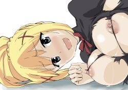 1girls big_breasts black_bodysuit blonde_hair blue_eyes blush braid breasts breasts_out crown_braid darkness_(konosuba) female female_only hair_between_eyes hair_ornament kono_subarashii_sekai_ni_shukufuku_wo! large_breasts long_hair looking_at_viewer nipples open_mouth ponytail red_ribbon ribbon shirt simple_background smile solo wavy_mouth white_background wxp x_hair_ornament