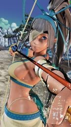 1girls 3d archery armpits arrow_(projectile) big_breasts bikini blue_eyes breasts busty dark-skinned_female eyepatch female female_only from_side grey_hair hair_ribbon highres large_breasts legs looking_at_viewer majikina_mina ponytail ribbon samurai_shodown sarong sideboob sidelocks snk swimsuit thighs thong_bikini