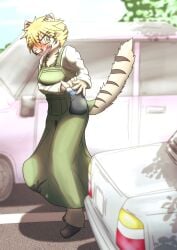 absurd_res accident anthro blonde_hair blush bodily_fluids car clothed clothing desperation embarrassed felid female genital_fluids hair hi_res looking_at_viewer mammal mttbsmn omorashi open_mouth outside pantherine parking peeing raised_tail solo stripes tiger urine vehicle wetting yellow_eyes