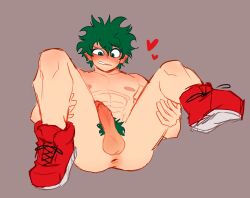 1boy anus gay green_eyes green_hair green_pubic_hair heart izuku_midoriya legs_apart male male_focus male_only my_hero_academia nude_male penis presenting presenting_anus pretty_werewolf shoes_only solo solo_male yaoi