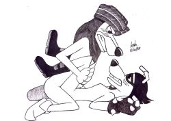 2021 anal anal_sex anthro arata_(artist) beagle_boys black_and_white black_arts_beagle canid canine canis clothing disney domestic_dog ducktales ducktales_(2017) duo faris_djinn from_front_position genitals gloves hair handwear line_art lying male male/male male_penetrated male_penetrating male_penetrating_male mammal missionary_position monochrome nude on_back open_mouth penetration penis sex signature traditional_media_(artwork)