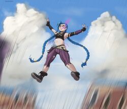 1girls blue_hair deviantseiga falling female_only fingerless_gloves imminent_inflation jinx_(league_of_legends) league_of_legends midriff tank_top tattoo