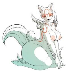 2019 amaterasu anthro anthrofied big_breasts biped black_nose breasts canid canine canis capcom closed_eyes danonymous deity digital_media_(artwork) female fur hi_res kneeling mammal nipples nude okami simple_background solo thick_thighs video_games white_body white_fur wide_hips wolf