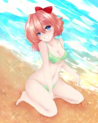 bikini blue_eyes blush breasts cleavage crunnix doki_doki_literature_club female green_bikini just_sayori navel sand sayori_(doki_doki_literature_club) smile smiling strawberry_blonde_hair water